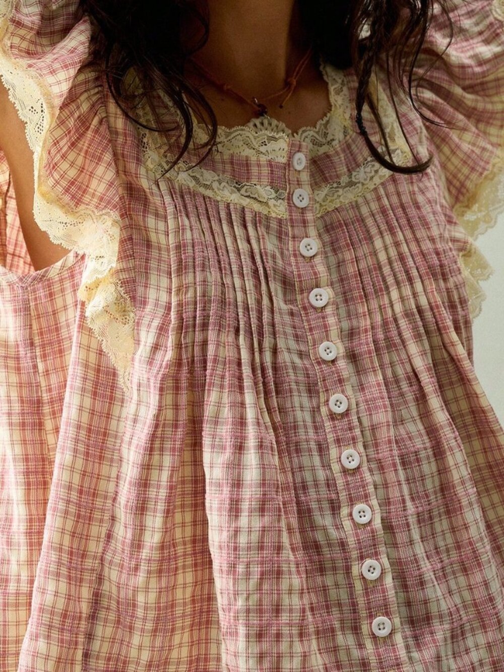 Baby Pink Casual Women's Collar Button-Up Floral Lace Ruffle Sleeve Blouse - Picture 5 of 9